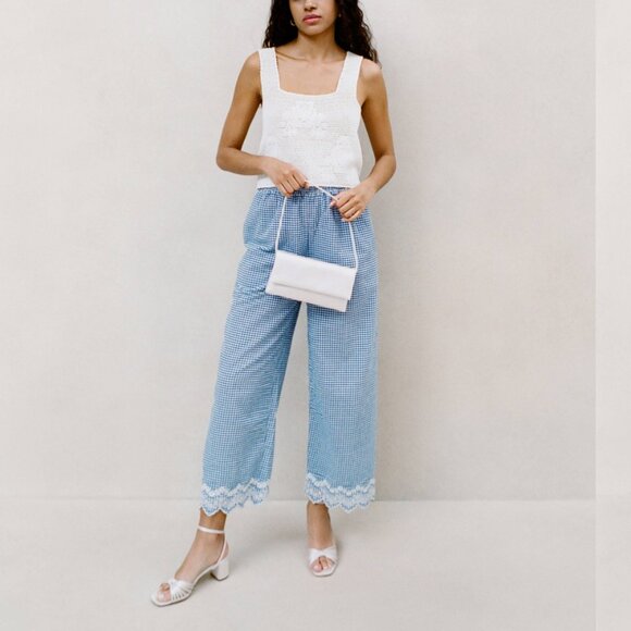 BNWT Loeffler Randal Blake Blue Gingham Emboidered Pant - Picture 3 of 13